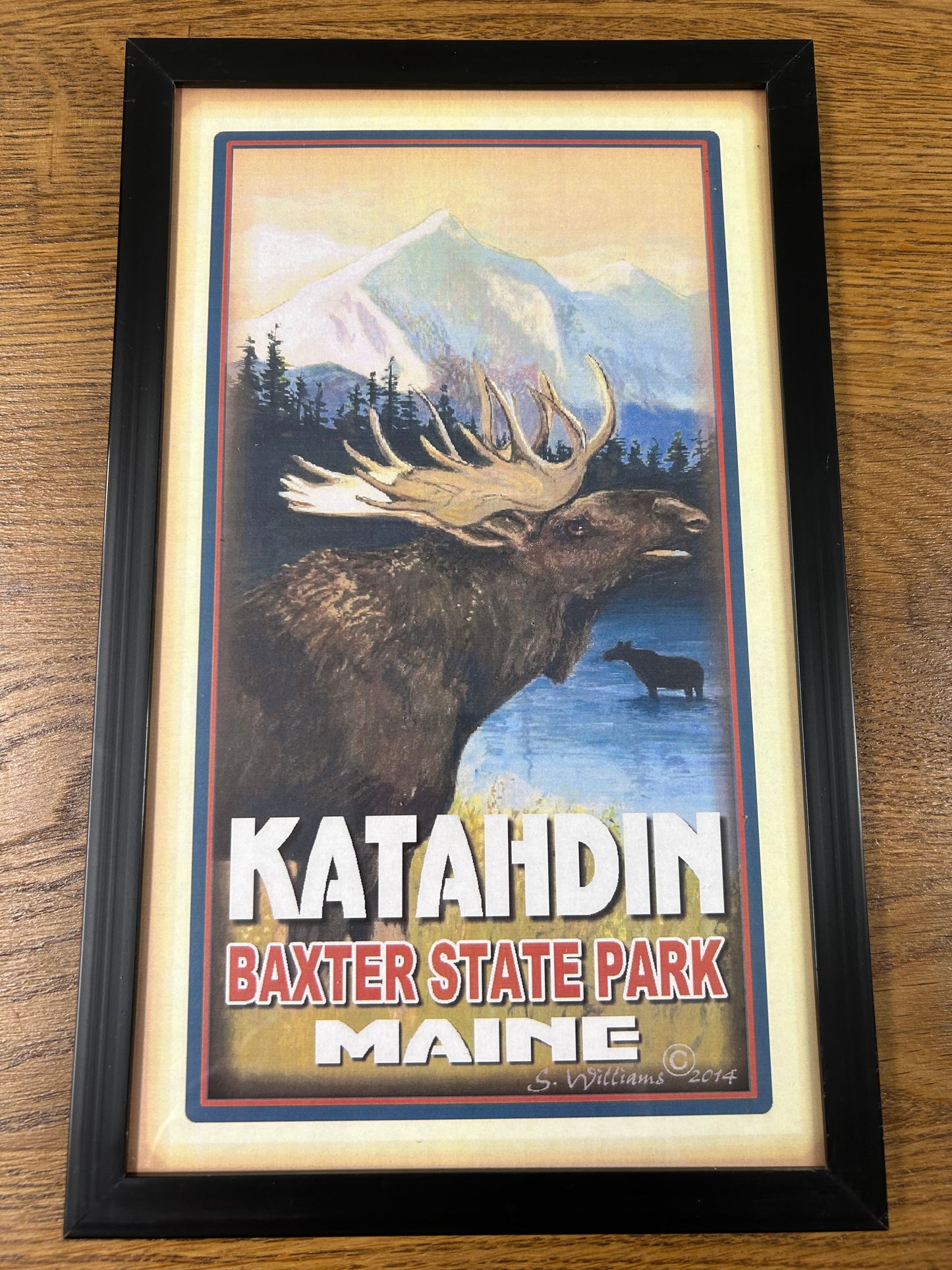 Mount Katahdin Souvenir celebrating Baxter State Park Moose. Framed Print gift. 