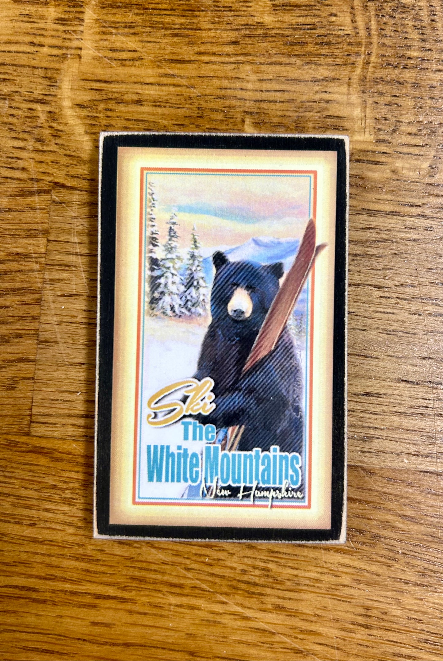 The White Mountains of New Hampshire is home to where resort skiing began here in North America. This souvenir is a magnet made by hand by Gallery Concepts in Maine.