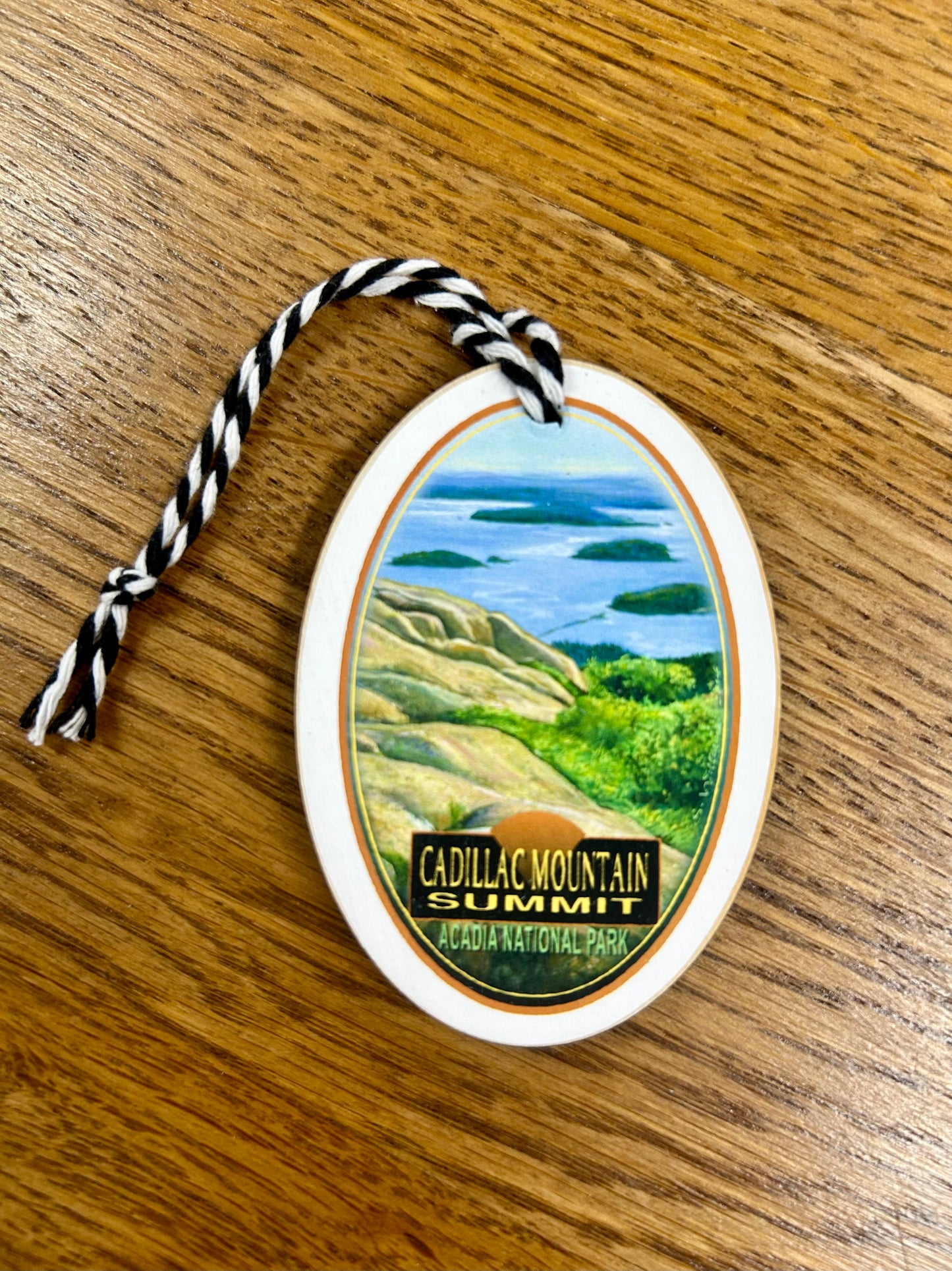 Cadillac Mountain Christmas ornament depicting Bar Harbor and Acadia National Park