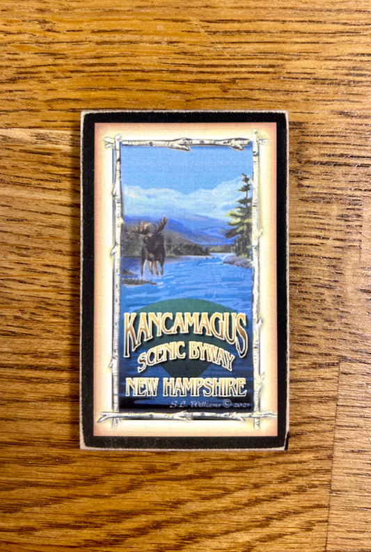 The Kancamagus is also called the Kanc. Moose are often seen along the Swift River. This souvenir is made by Gallery Concepts, celebrating the White Mountain National Forest.